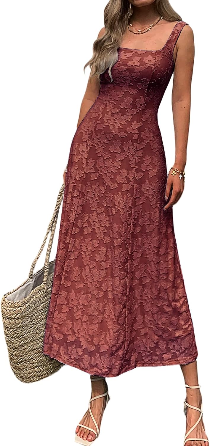 Mieazom Women\u2019s Floral Maxi Dress Square Neck Sleeveless A Line Summer Dress Elegant Fitted Bodice Flowy Long Sundress