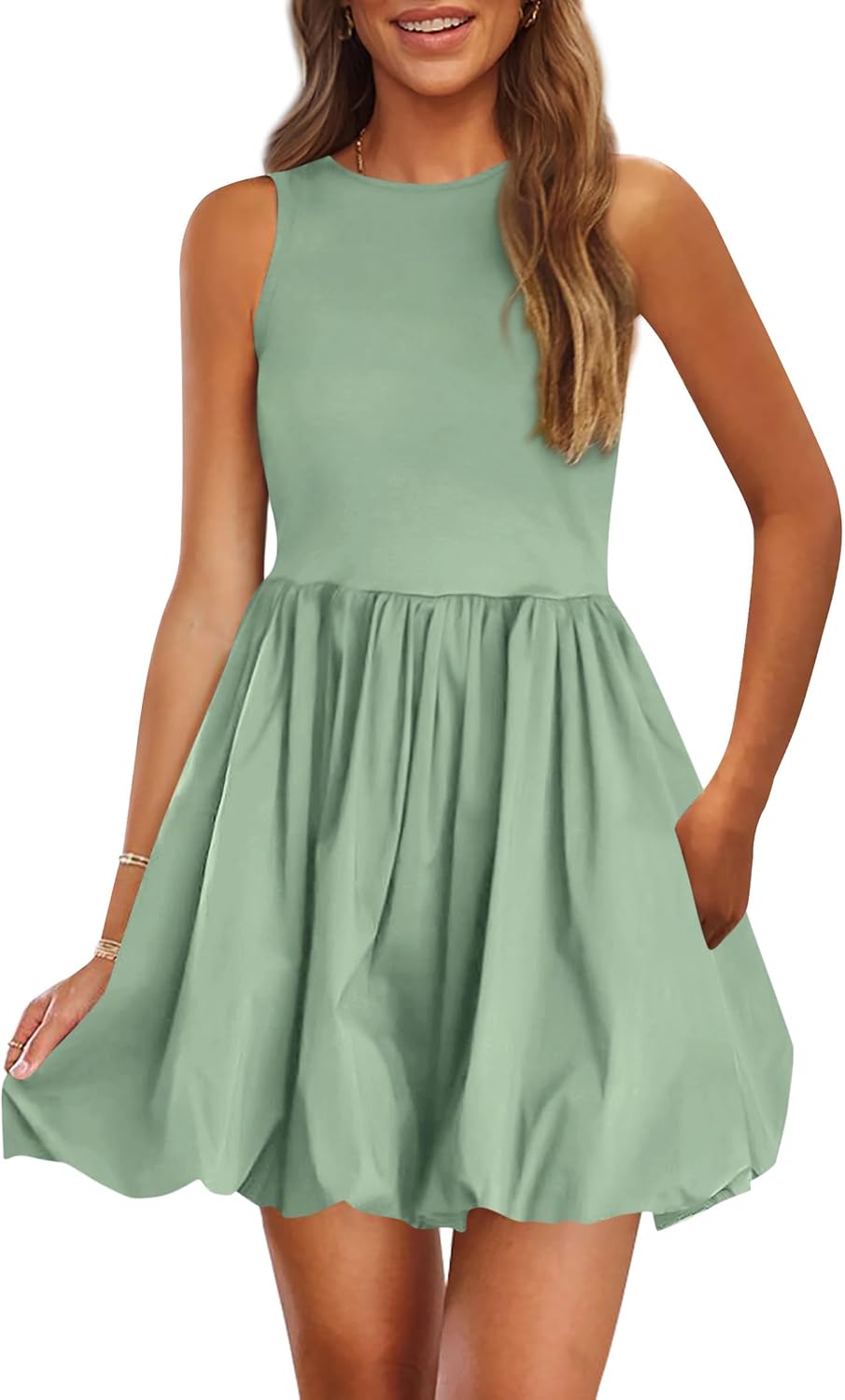 Crew-Neck Sleeveless Mini Dress in Green