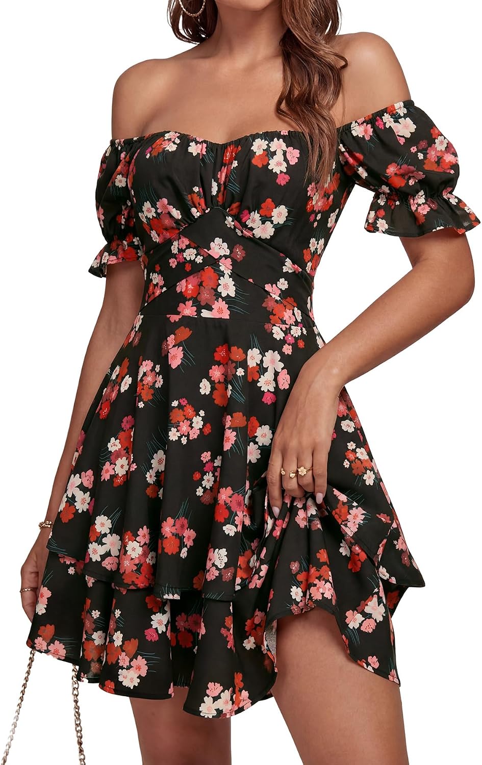 LYANER Women's Off Shoulder Casual Dress | Summer Tie Back Wrap Layer Ruffle A Line Short Sleeve Party Elegant Mini Dresses