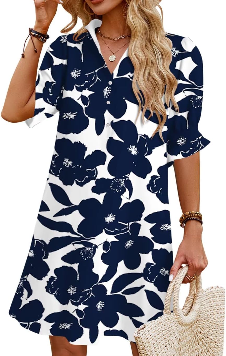 JPGLOV Womens Summer Shirt Mini Beach Dresses | Button Down Shift Dress,Ruffle Short Sleeve,Floral Boho Style,Side Pockets,Casual Vacation Hawaiian Wedding Guest Outfits