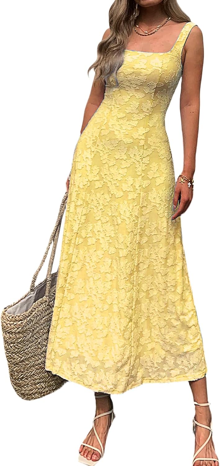Mieazom Women\u2019s Floral Maxi Dress Square Neck Sleeveless A Line Summer Dress Elegant Fitted Bodice Flowy Long Sundress