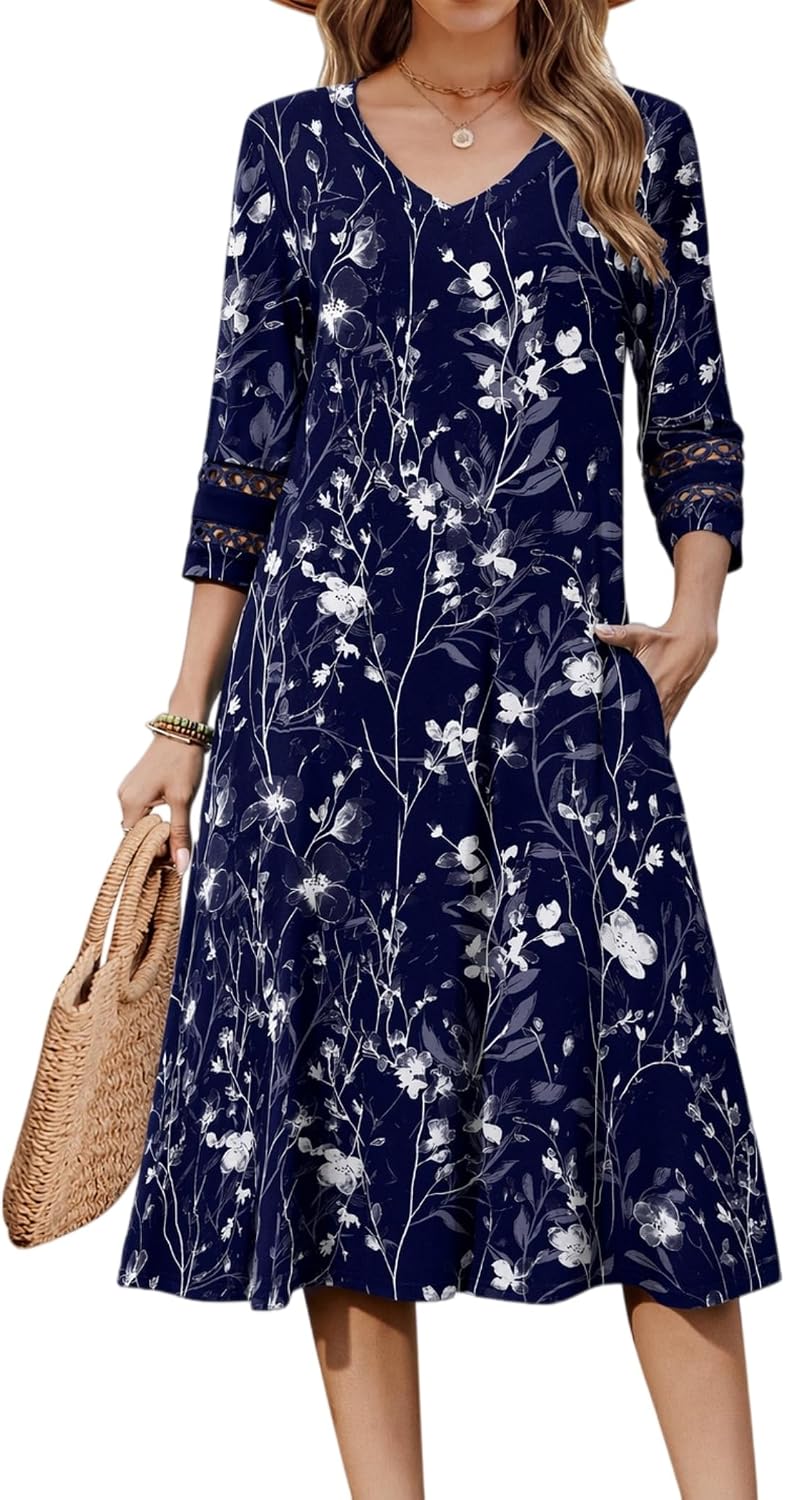 Eyelet V-Neck 3/4-Sleeve A-Line Midi Dress in Blue Floral