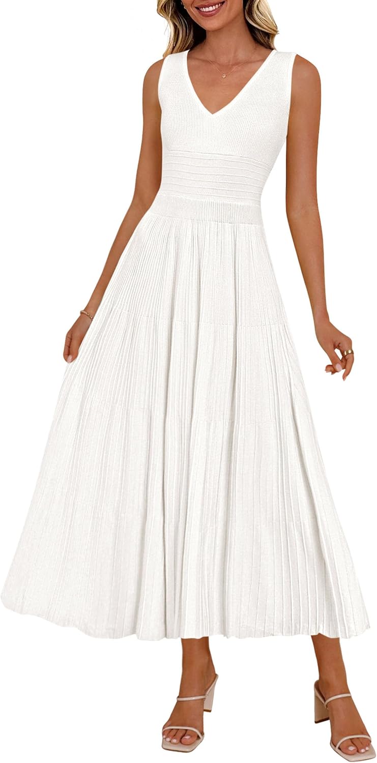 PRETTYGARDEN Women's Summer V Neck Pleated Midi Dress | Sleeveless A-Line Long Dresses, Elegant Semi Formal Spring Dress for Work, Wedding Guest, Cocktail, Casual Vacation Outfits