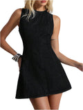 WDIRARA Women's A Line Mini Denim Dress Y2k Flared Hign Waist Short Dresses | Backless，Sleeveless