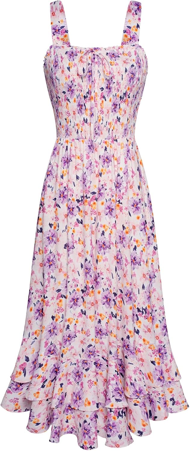 GRACE KARIN Women's 2026 Summer Floral Boho Dresses | Square Neck Strapped Swing A Line Sundress, Long Maxi Beach Dress Outfits, Sleeveless Hawaiian Trendy Fashion Clothes
