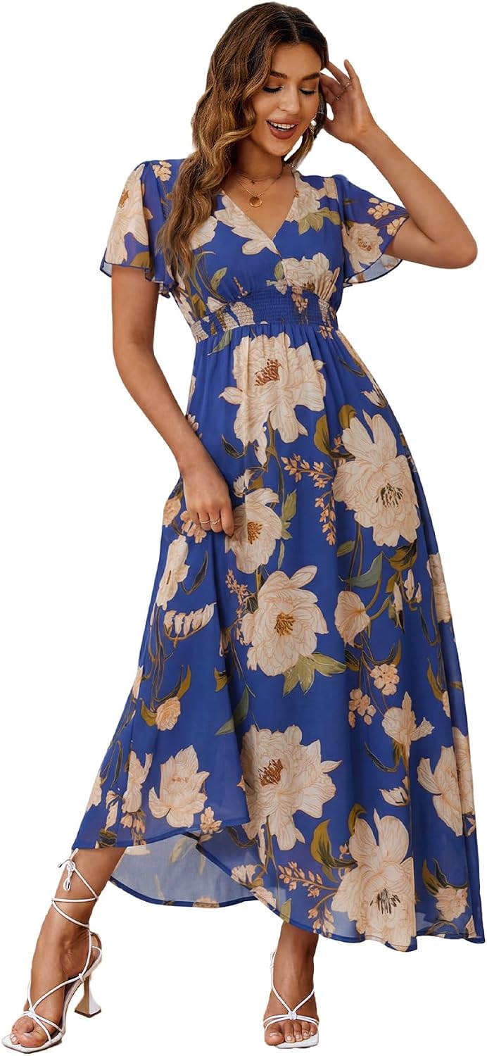 Floral V-Neck Short-Sleeve Maxi Dress in Blue Purple Floral