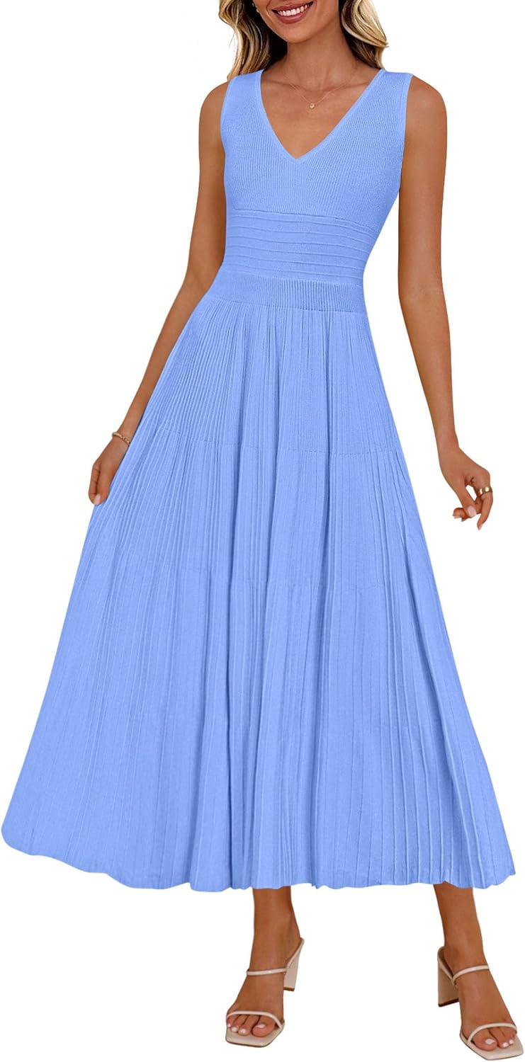 PRETTYGARDEN Women's Summer V Neck Pleated Midi Dress | Sleeveless A-Line Long Dresses, Elegant Semi Formal Spring Dress for Work, Wedding Guest, Cocktail, Casual Vacation Outfits