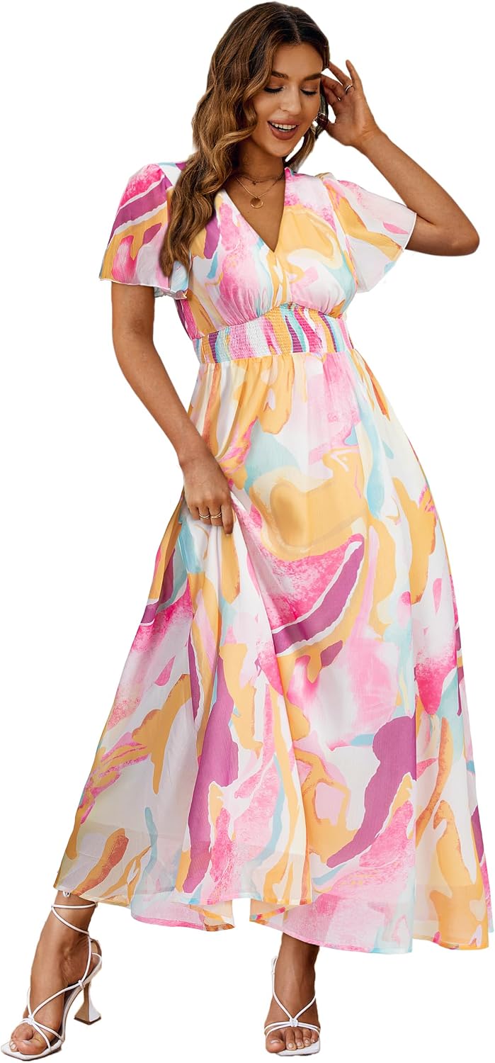 Floral V-Neck Short-Sleeve Maxi Dress in Pink Orange Blend