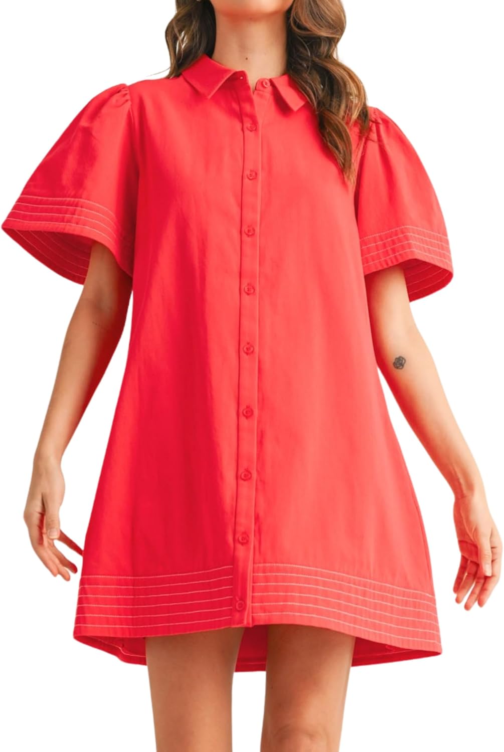 Meyhad Womens Short Sleeve Button Down Mini Shirt Dress Lapel Collar Short Dresses with Pocket