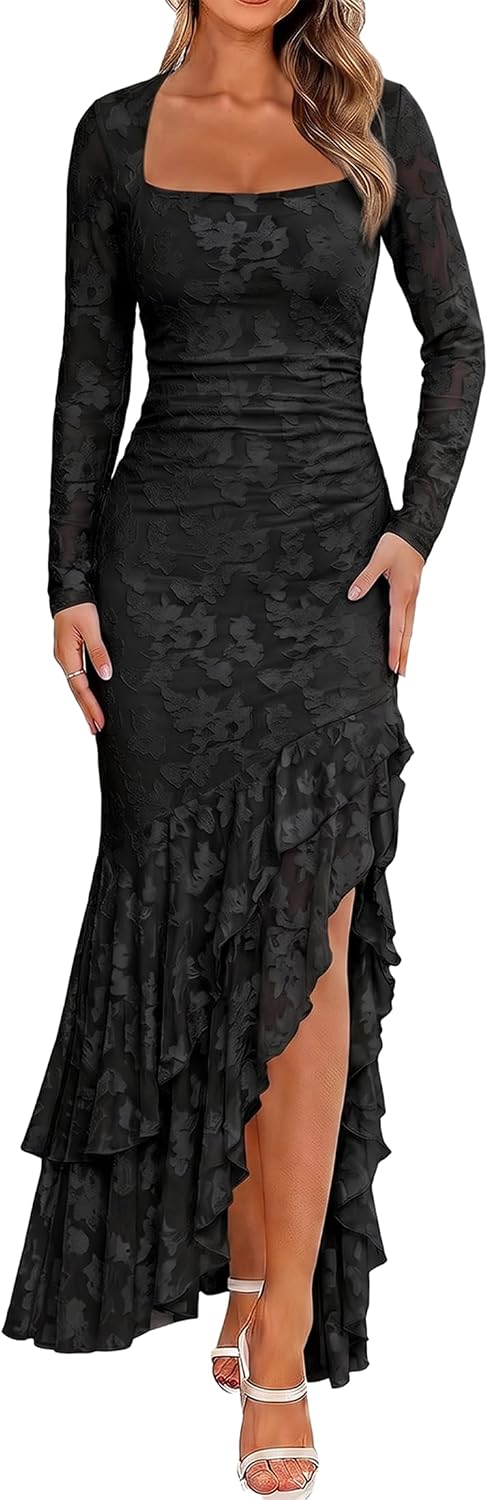 BORIFLORS Women's Elegant Fall Wedding Guest Long Sleeve Maxi Dress | Floral, Mermaid Ruffle, Square Neck, Ruched Mesh,Winter, Cocktail Party Forma, Long Dresses