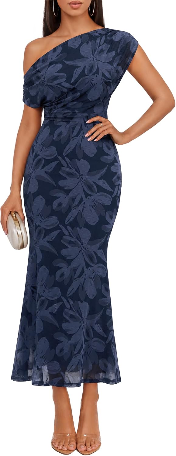 ZESICA Women's Off Shoulder Floral Formal Cocktail Wedding Guest Long Dress | Mesh, One Shoulder, Ruched, Bodycon, Elegant, Baby Shower, Party, Date Night, Dinner, Holiday, Prom, Homecoming Dress