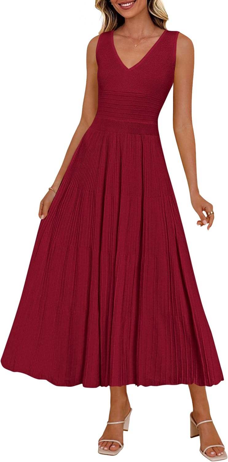 PRETTYGARDEN Women's Summer V Neck Pleated Midi Dress | Sleeveless A-Line Long Dresses, Elegant Semi Formal Spring Dress for Work, Wedding Guest, Cocktail, Casual Vacation Outfits