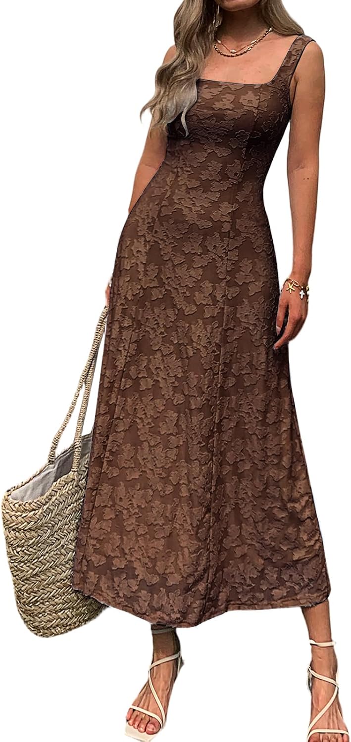 Mieazom Women\u2019s Floral Maxi Dress Square Neck Sleeveless A Line Summer Dress Elegant Fitted Bodice Flowy Long Sundress