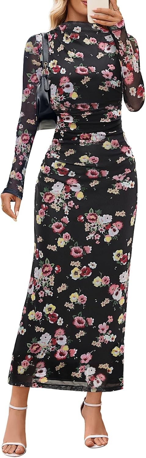 Floral Mesh Long-Sleeve Bodycon Maxi Dress in Black Floral