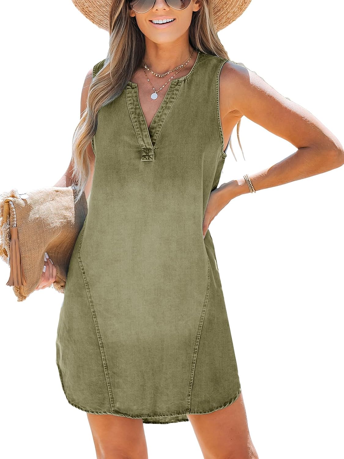 CUPSHE Women's Denim Mini Dress Jean Dresses Summer Fall Beach Outfits | V Neck Sleeveless, Straight Relaxed, 2026 Trendy Beach Going Out Dress, Lightweight Elegant Cruise Casual Summer Outfits