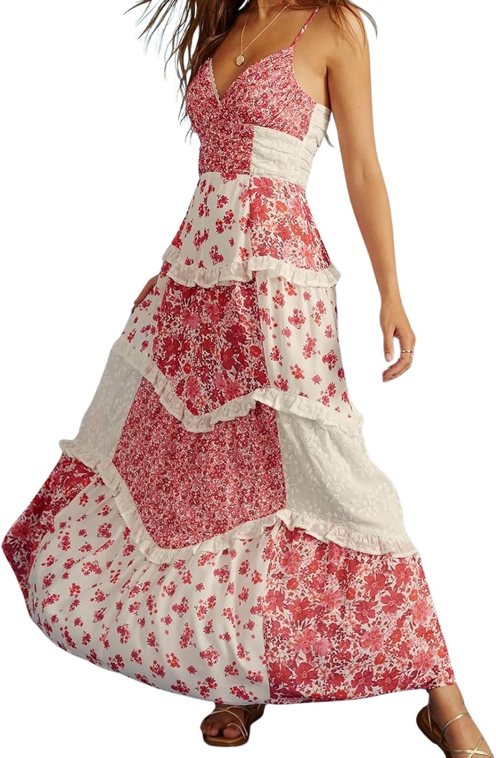 ebossy Womens Lace Patchwork Floral Maxi Dress Spaghetti Strap Sexy Backless Ruffle Tiered Boho Beach Sundresses