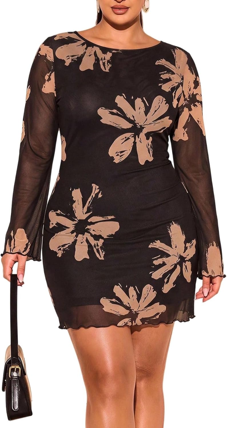 BEAUDRM Women's Plus Size Sexy Mini Dress Fall Wedding Guest Dresses | Date Night Outfit, Club Outfits, Going Out Outfits, Bell Sleeve Cocktail Dress