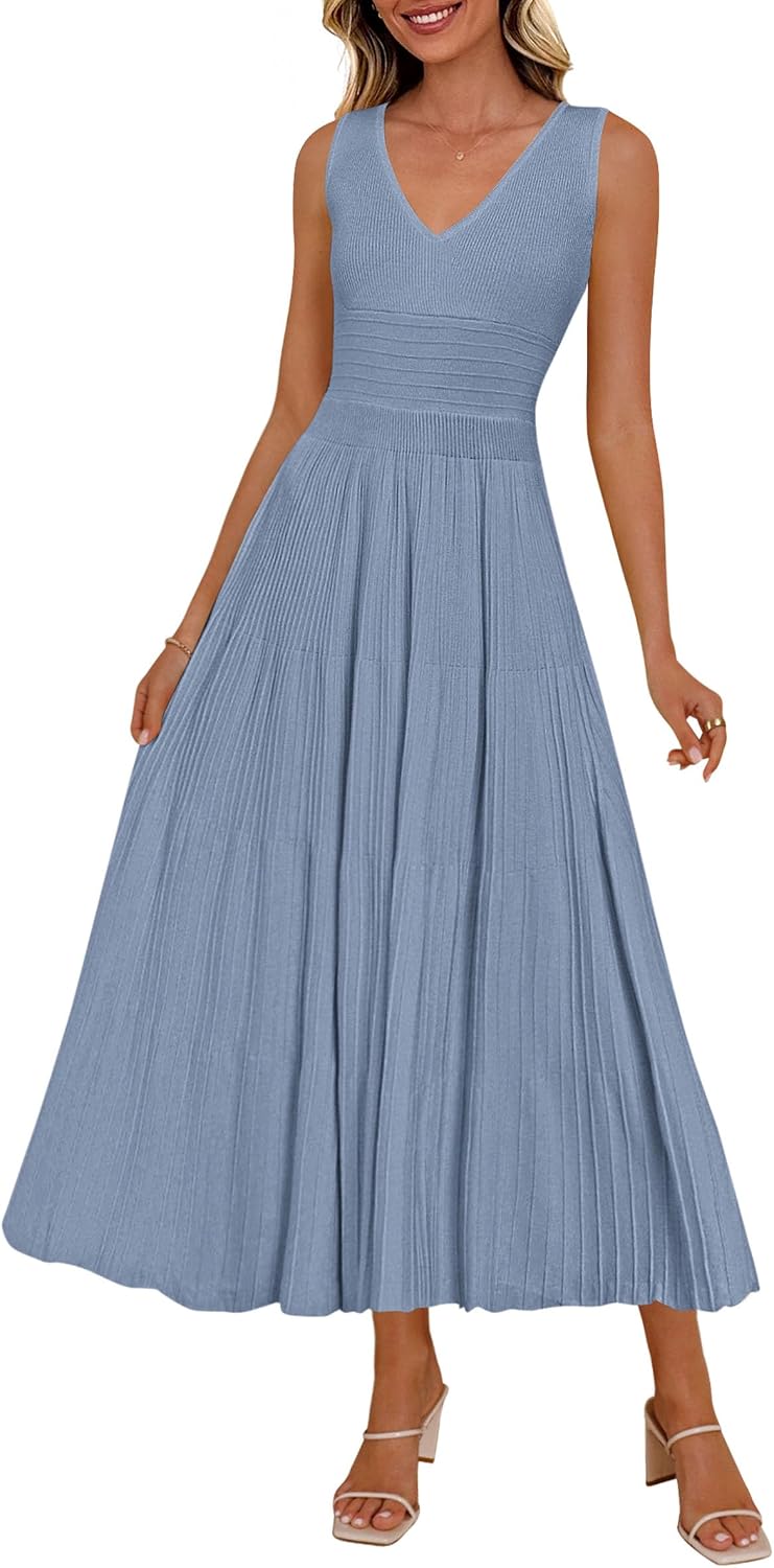 PRETTYGARDEN Women's Summer V Neck Pleated Midi Dress | Sleeveless A-Line Long Dresses, Elegant Semi Formal Spring Dress for Work, Wedding Guest, Cocktail, Casual Vacation Outfits