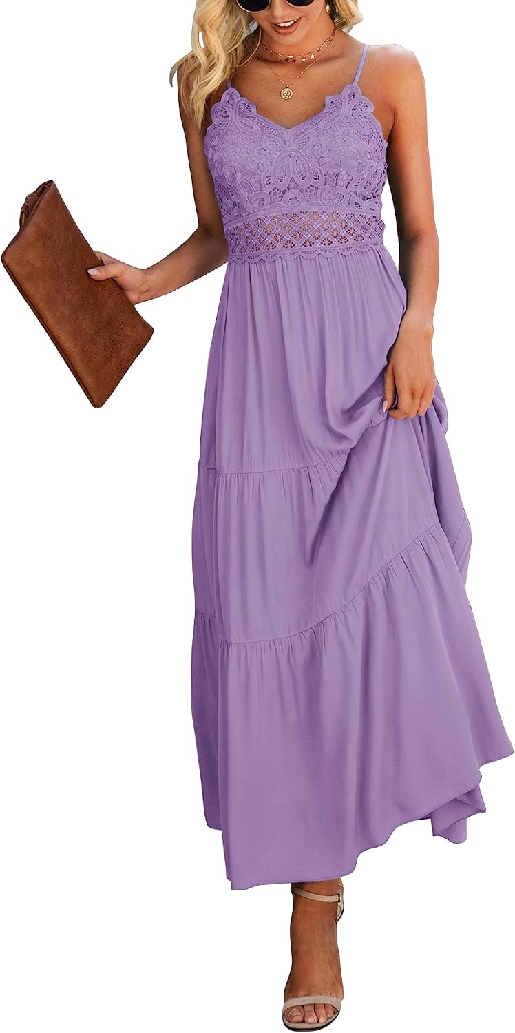 Dokuritu Women's Beach Crochet Lace Maxi Dress Solid Color Summer Vacation Wedding Guest Spaghetti Strap Long Dress