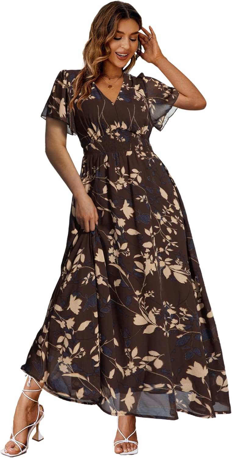 Floral V-Neck Short-Sleeve Maxi Dress in Brown Flower