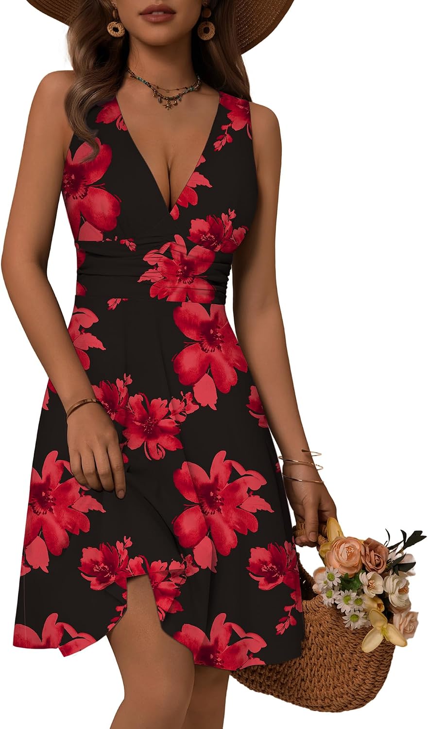Floral V-Neck Sleeveless Dress in Black Red Floral 43
