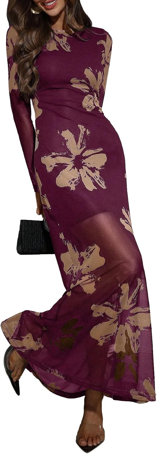 Floral Long-Sleeve Bodycon Maxi Dress in Wine Red