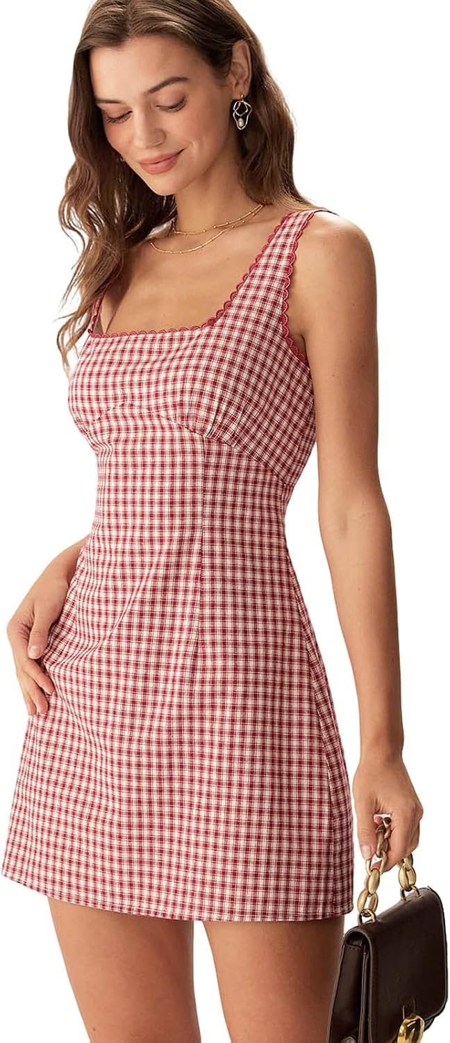 Plaid Square-Neck Sleeveless A-Line Mini Dress in Red