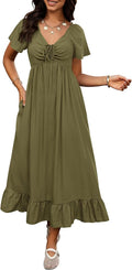 BTFBM Womens Summer Dresses 2026 Wedding Guest Maxi Dress | Short Sleeve, V Neck, Drawstring,A-Line,Loose Fit,Solid,Cocktail,Party,Boho Beach Long Dress,Prom,Beach Vacation Clothes