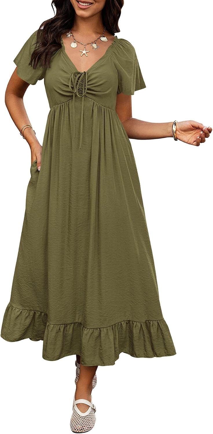 BTFBM Womens Summer Dresses 2026 Wedding Guest Maxi Dress | Short Sleeve, V Neck, Drawstring,A-Line,Loose Fit,Solid,Cocktail,Party,Boho Beach Long Dress,Prom,Beach Vacation Clothes