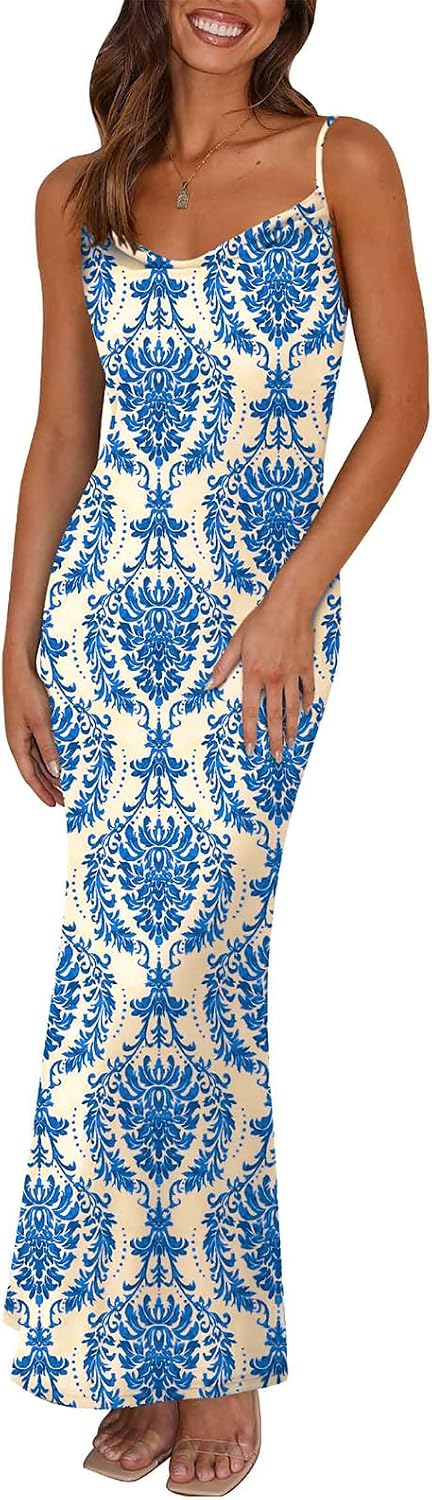 Floral Spaghetti-Strap Bodycon Maxi Dress in White Blue Big Floral