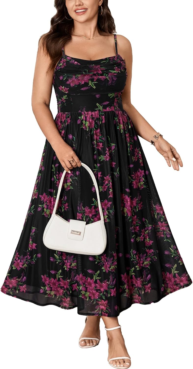 SHESTARR Women's Plus Size Summer Floral Maxi Dress | Spaghetti Strap, Cowl Neck, Floral Dress, Wedding Guest, Cocktail, Party, Homecoming, Mesh Long Dress