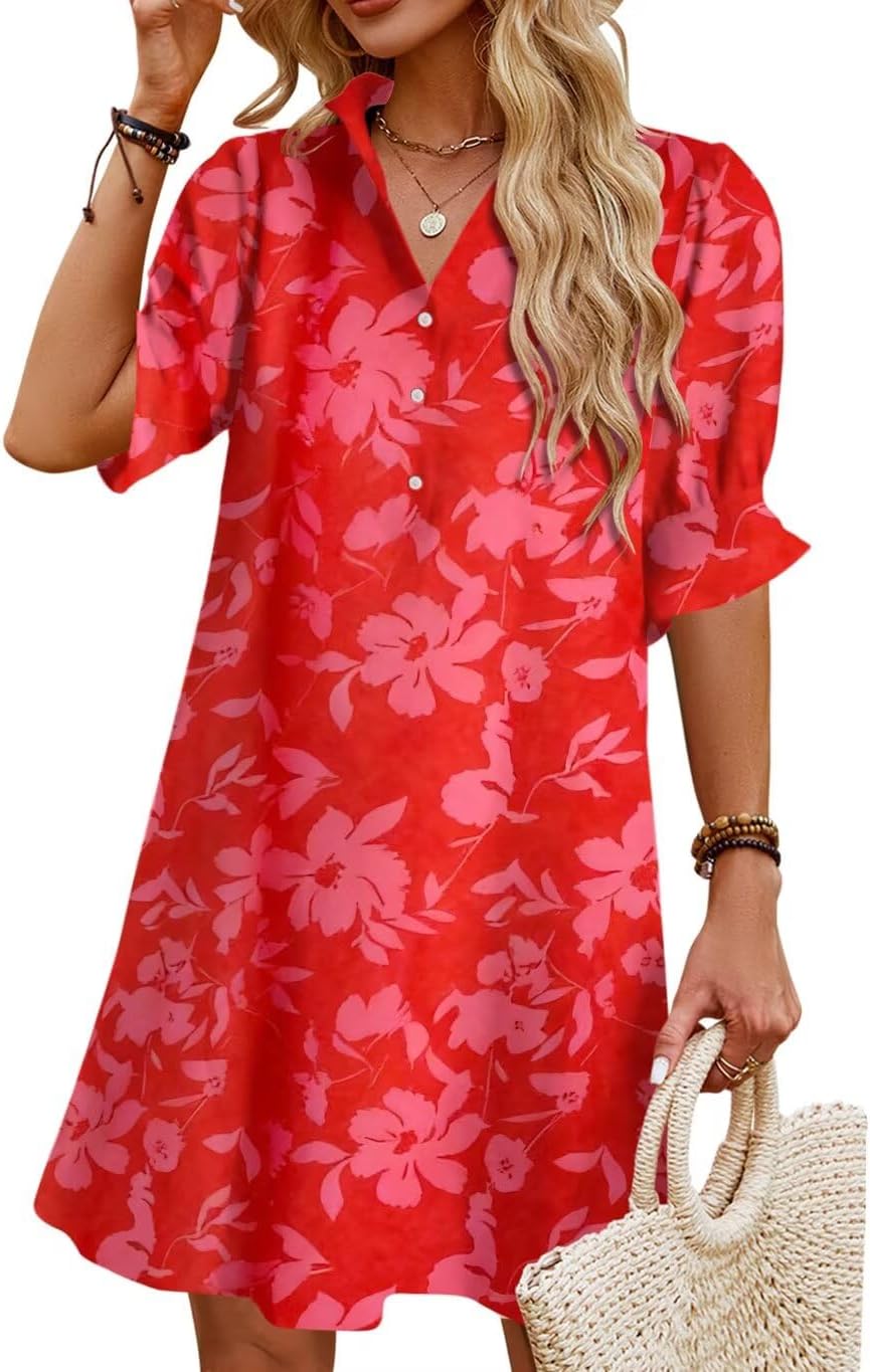 JPGLOV Womens Summer Shirt Mini Beach Dresses | Button Down Shift Dress,Ruffle Short Sleeve,Floral Boho Style,Side Pockets,Casual Vacation Hawaiian Wedding Guest Outfits