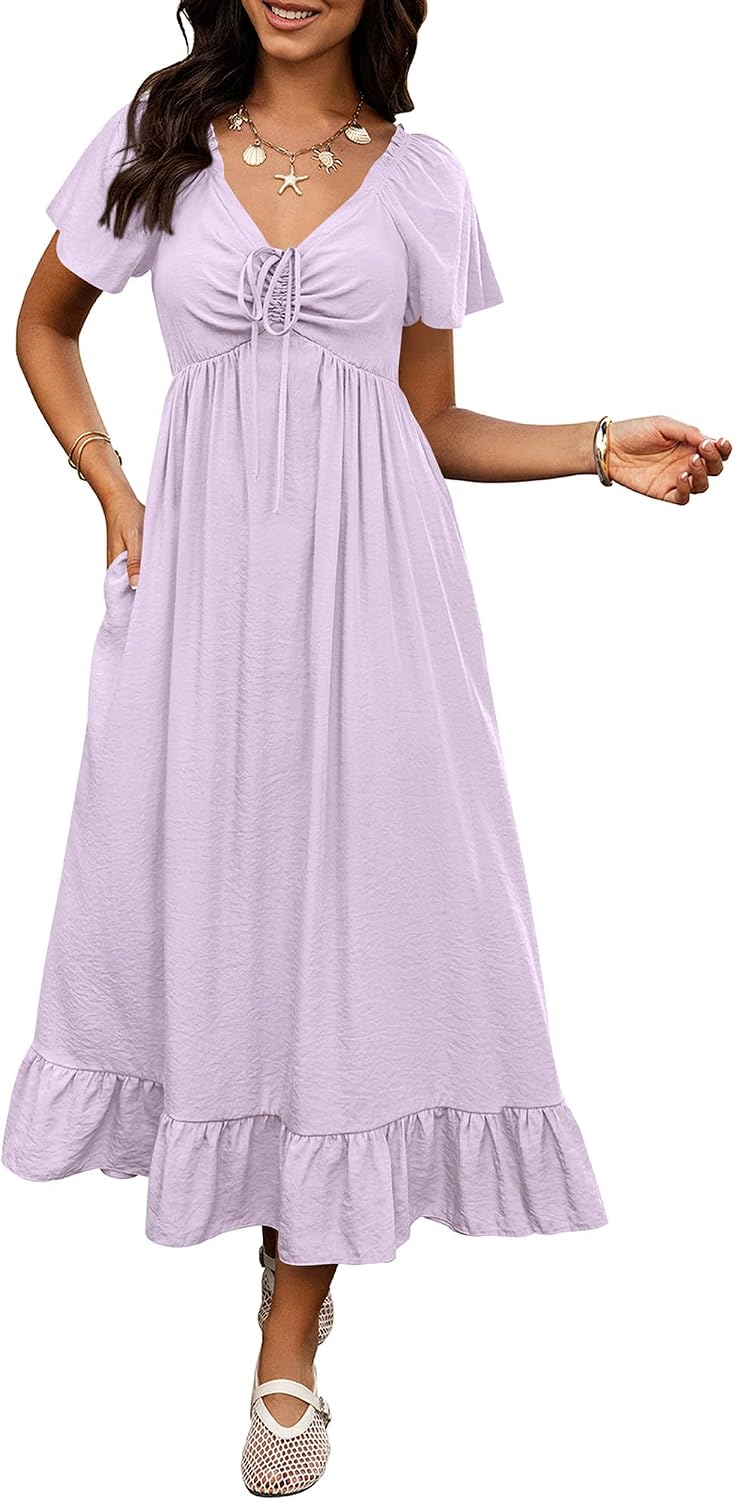 BTFBM Womens Summer Dresses 2026 Wedding Guest Maxi Dress | Short Sleeve, V Neck, Drawstring,A-Line,Loose Fit,Solid,Cocktail,Party,Boho Beach Long Dress,Prom,Beach Vacation Clothes