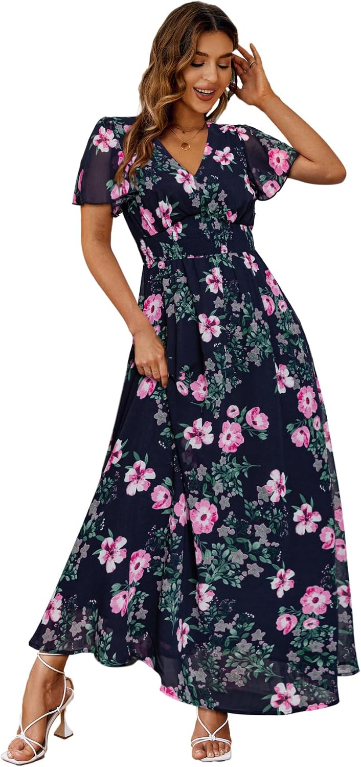 Floral V-Neck Short-Sleeve Maxi Dress in Navy Flower