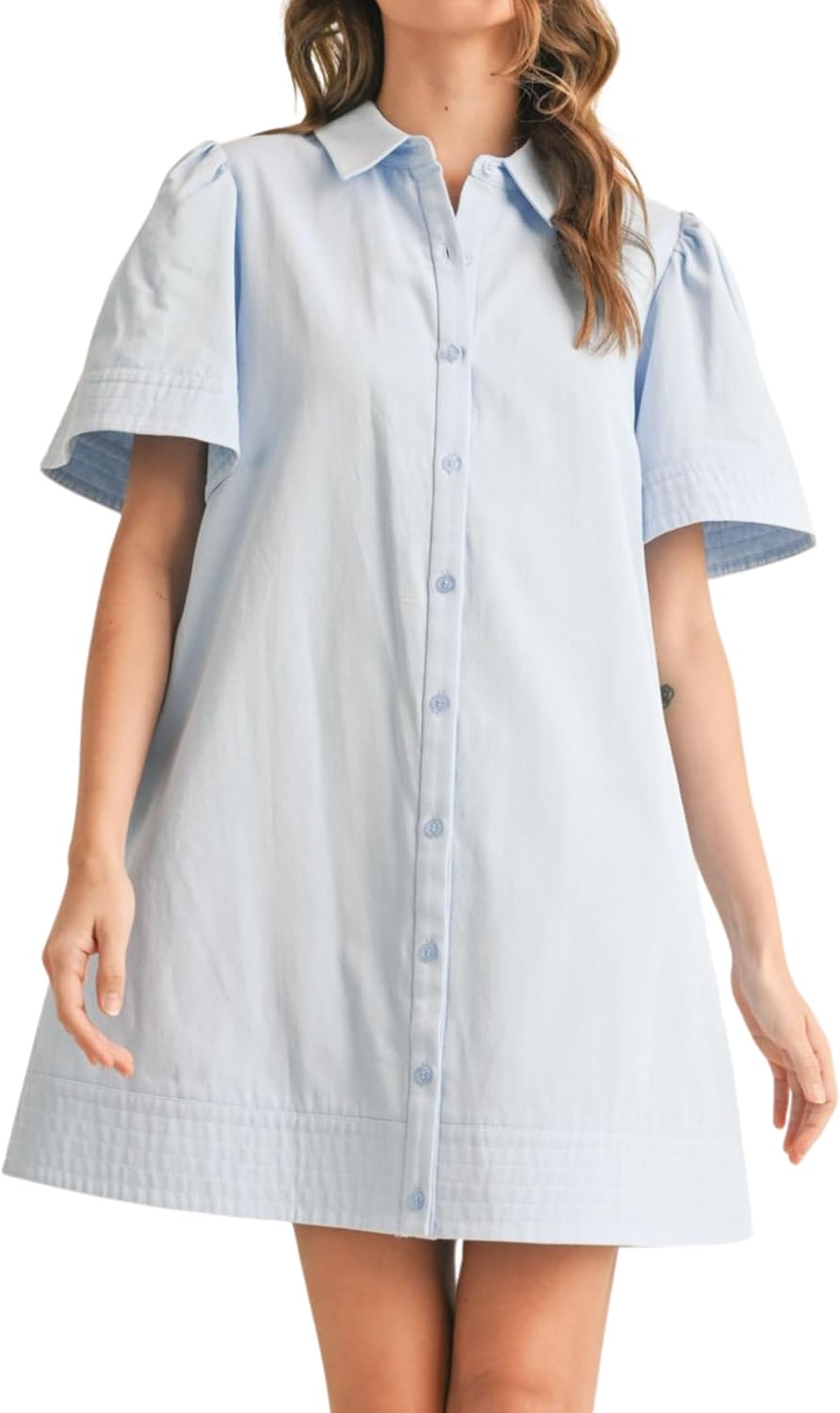 Meyhad Womens Short Sleeve Button Down Mini Shirt Dress Lapel Collar Short Dresses with Pocket