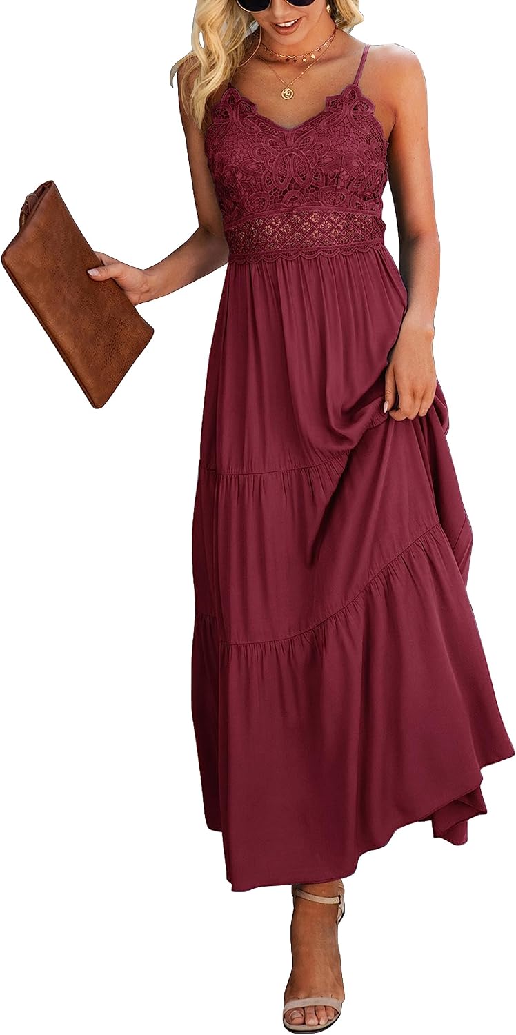 Dokuritu Women's Beach Crochet Lace Maxi Dress Solid Color Summer Vacation Wedding Guest Spaghetti Strap Long Dress