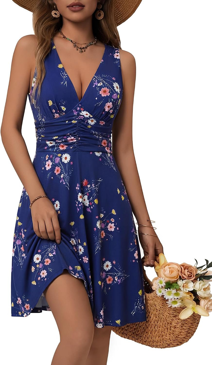 Floral V-Neck Sleeveless Dress in Navy Floral 49