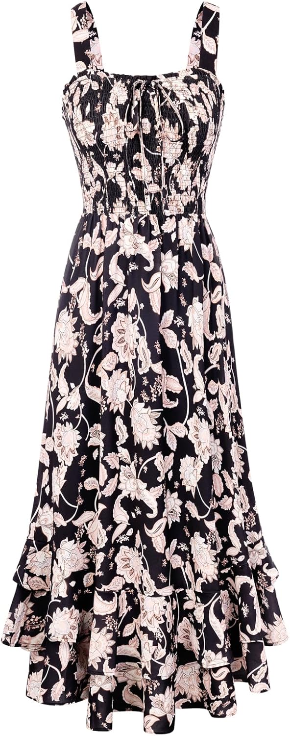 GRACE KARIN Women's 2026 Summer Floral Boho Dresses | Square Neck Strapped Swing A Line Sundress, Long Maxi Beach Dress Outfits, Sleeveless Hawaiian Trendy Fashion Clothes