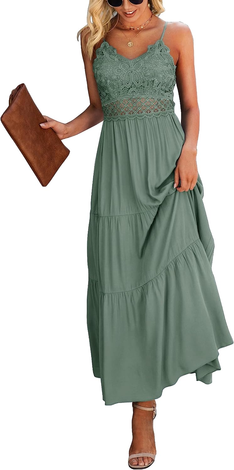 Dokuritu Women's Beach Crochet Lace Maxi Dress Solid Color Summer Vacation Wedding Guest Spaghetti Strap Long Dress