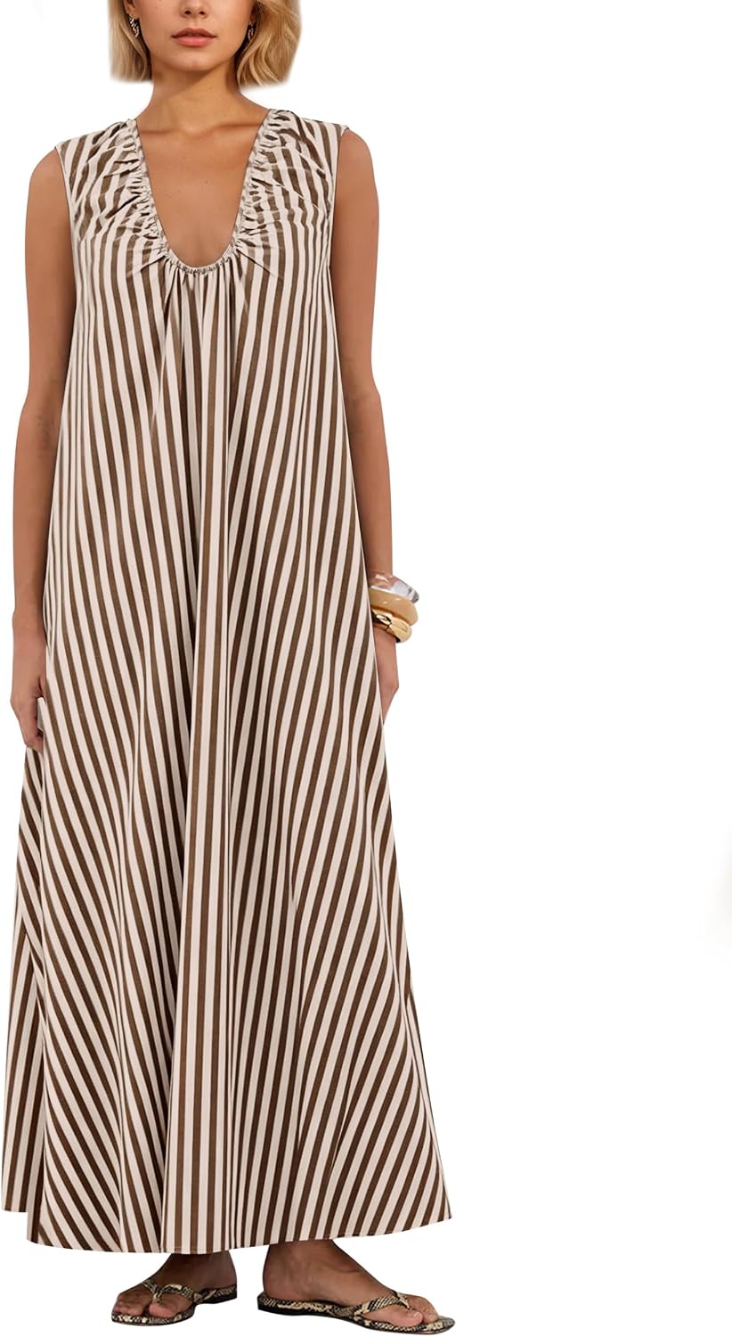 Ardrem Women Sleeveless Ruched Maxi Dress Scoop Neck Long Elegant Dresses Wide Shoulder Strap Blouse Dress with Side Pockets