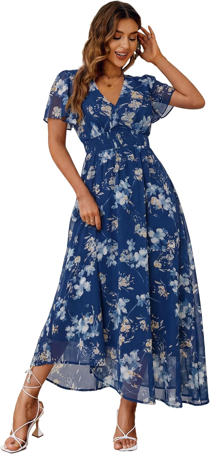 Floral V-Neck Short-Sleeve Maxi Dress in Blue Blue Floral
