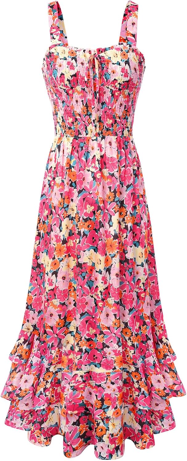 GRACE KARIN Women's 2026 Summer Floral Boho Dresses | Square Neck Strapped Swing A Line Sundress, Long Maxi Beach Dress Outfits, Sleeveless Hawaiian Trendy Fashion Clothes
