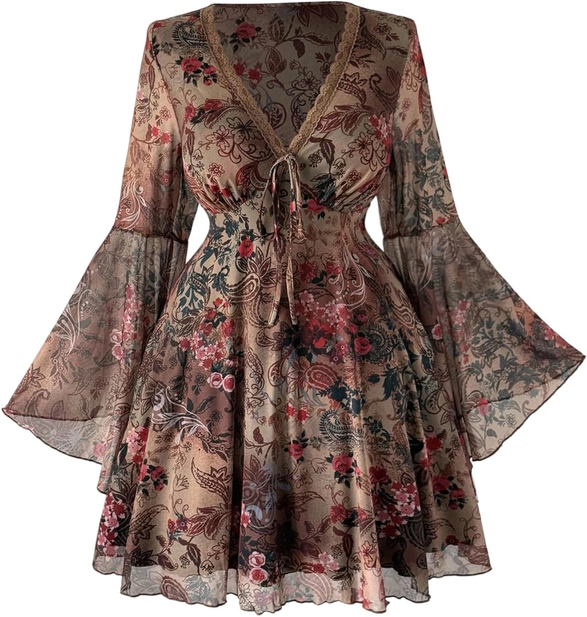 BEAUDRM Women's Plus Size Fall Hippie Boho Dress Lace Mini Dresses | Goth,Whimsical,Western,Leopard,Flowy,Party,Bell Long Sleeve,Country Concert 70s Outfits