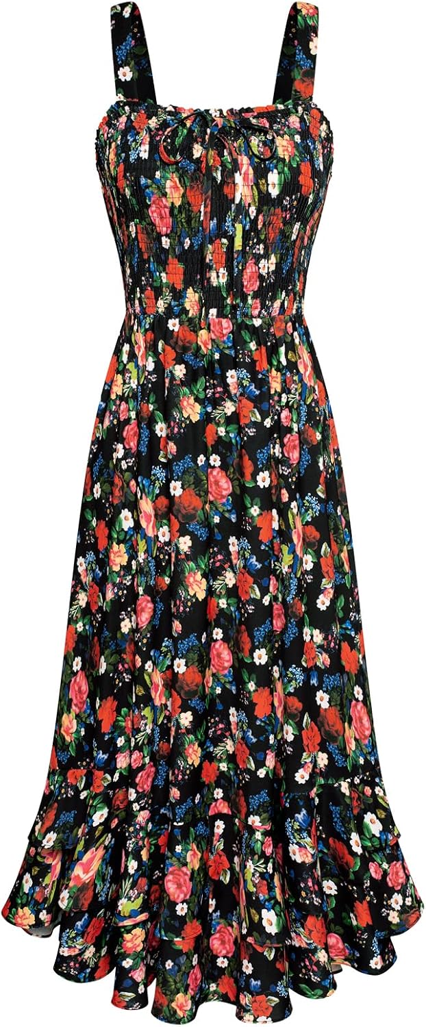 GRACE KARIN Women's 2026 Summer Floral Boho Dresses | Square Neck Strapped Swing A Line Sundress, Long Maxi Beach Dress Outfits, Sleeveless Hawaiian Trendy Fashion Clothes