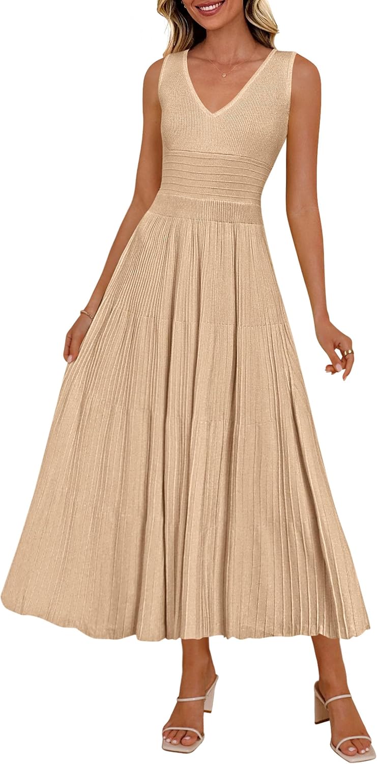PRETTYGARDEN Women's Summer V Neck Pleated Midi Dress | Sleeveless A-Line Long Dresses, Elegant Semi Formal Spring Dress for Work, Wedding Guest, Cocktail, Casual Vacation Outfits