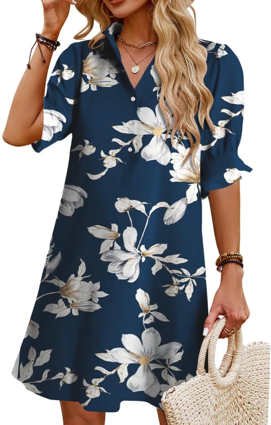 JPGLOV Womens Summer Shirt Mini Beach Dresses | Button Down Shift Dress,Ruffle Short Sleeve,Floral Boho Style,Side Pockets,Casual Vacation Hawaiian Wedding Guest Outfits