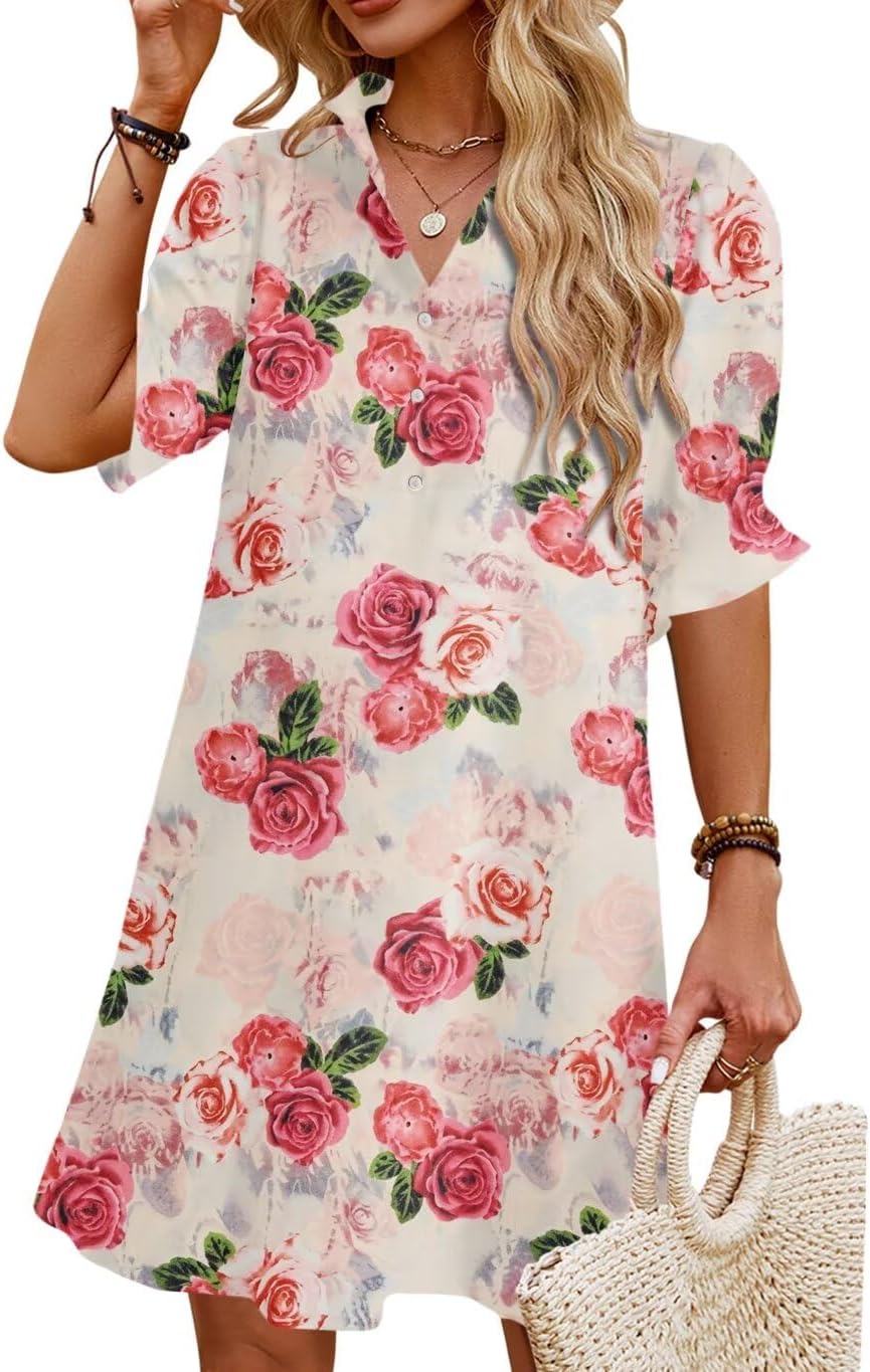 JPGLOV Womens Summer Shirt Mini Beach Dresses | Button Down Shift Dress,Ruffle Short Sleeve,Floral Boho Style,Side Pockets,Casual Vacation Hawaiian Wedding Guest Outfits