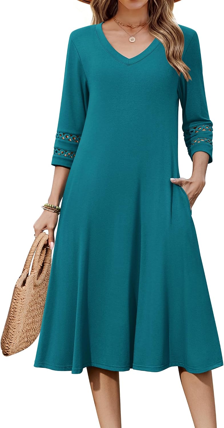 Eyelet V-Neck 3/4-Sleeve A-Line Midi Dress in Jade Green
