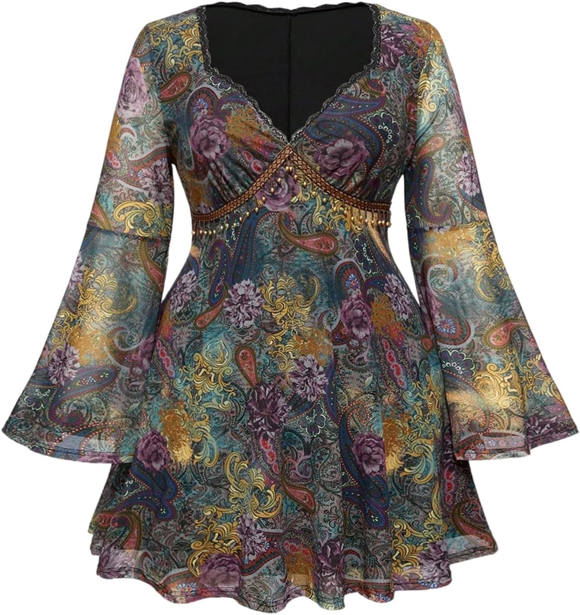 BEAUDRM Women's Plus Size Fall Hippie Boho Dress Lace Mini Dresses | Goth,Whimsical,Western,Leopard,Flowy,Party,Bell Long Sleeve,Country Concert 70s Outfits
