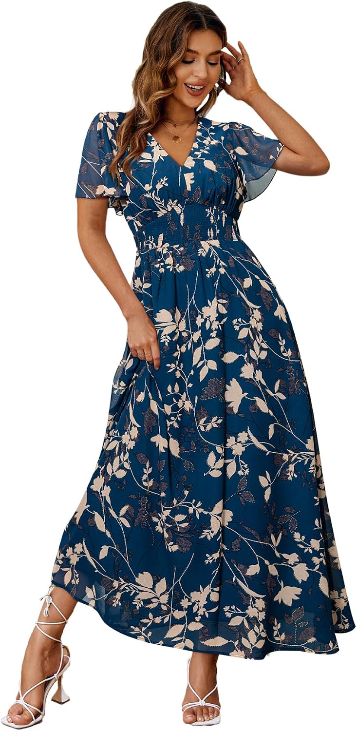 Floral V-Neck Short-Sleeve Maxi Dress in Blue